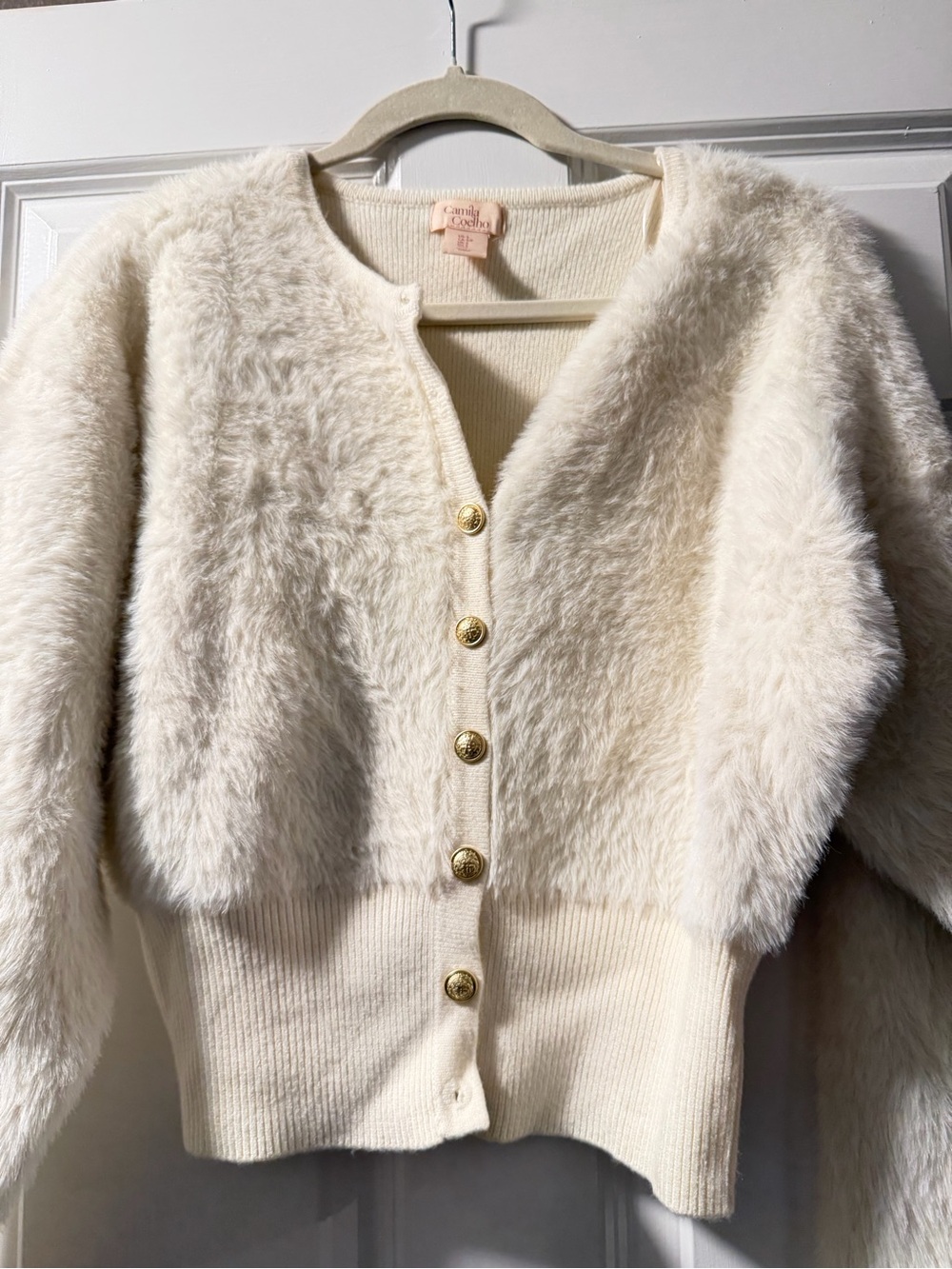 Camila Coelho Cream Fuzzy Button-Front Women's Sweater
